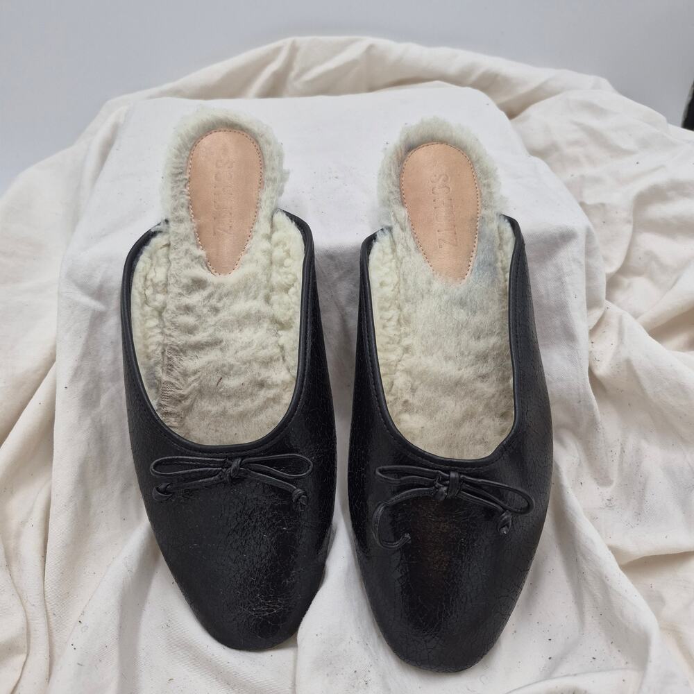 SCHUTZ Black Faux Fur-Lined Leather Mules